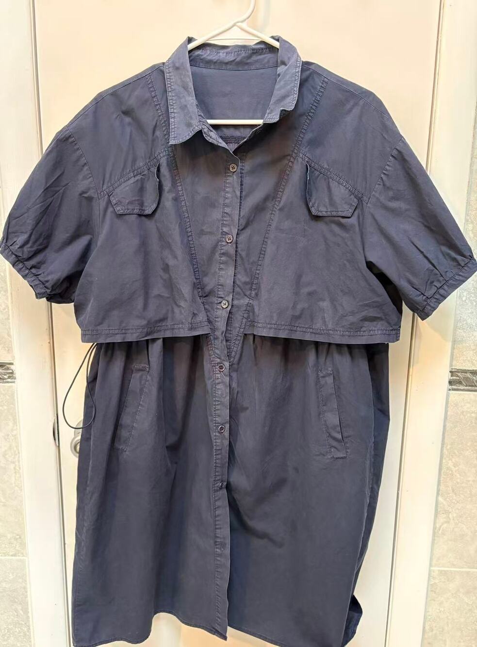 Navy Blue Utility Cargo Shirt Dress Layered Detachable Casual Midi Drawstring L